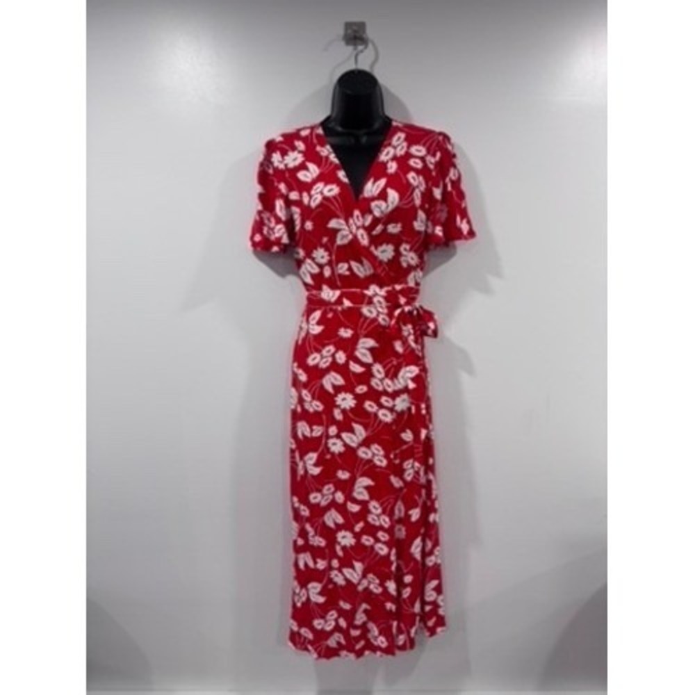 RIXO London Shauna Red Floral Daisy Wrap Midi Dress Short Sleeve V-Neck Small